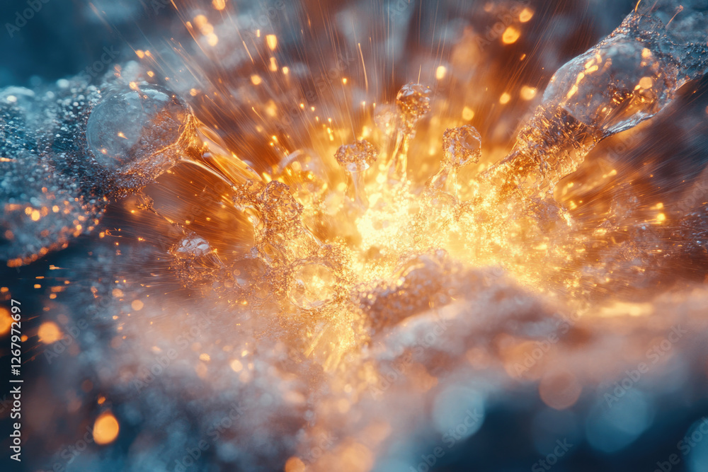 Poster a vibrant explosion of molten metal, sparks flying, creating a dynamic and energetic visual spectacl