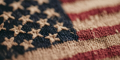 Close-up of rustic fabric American flag. Red stripes and stars on a blue field, crafted with a warm, homespun charm. A patriotic symbol re-imagined.