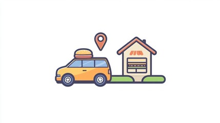 Fototapeta premium Food Delivery Car to House, Restaurant Icon
