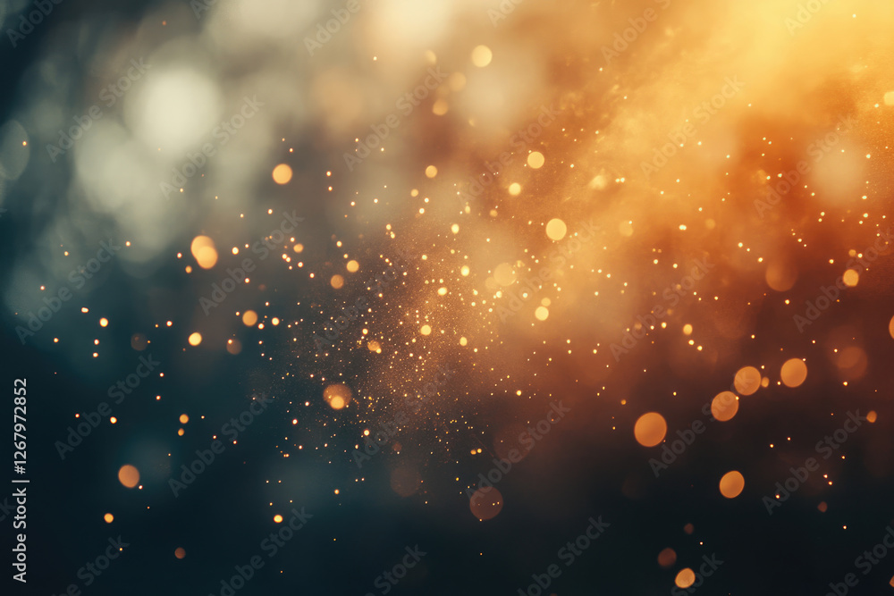 Poster abstract background with golden bokeh lights and dark teal accents, creating a magical, dreamy atmos