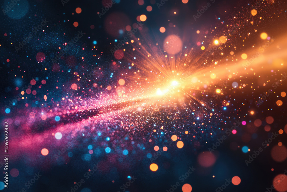 Poster vibrant cosmic explosion with colorful bokeh and glittering particles, radiating energy and light.
