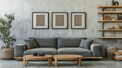 Industrial-Scandinavian Interior – Minimalist Mock-up Frames on Concrete Wall with Cozy Sofa and Wooden Shelving, Modern 3D Render