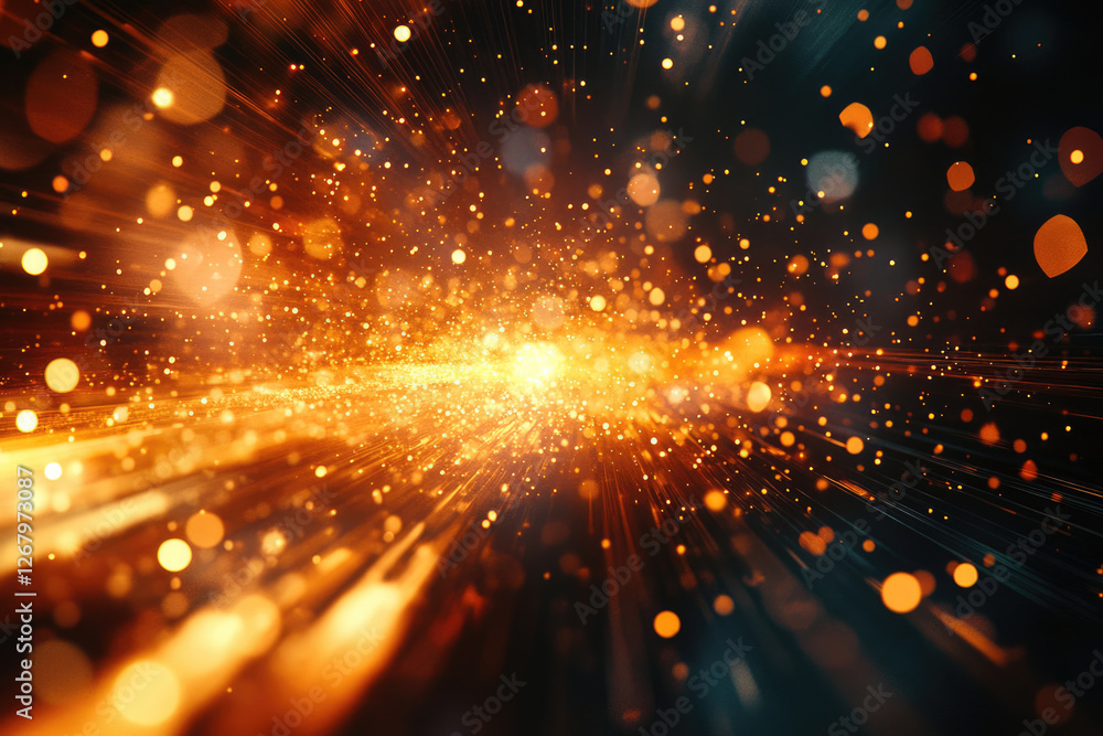 Poster glowing particles burst outwards, creating a radiant, fiery, and energetic explosion of light and co