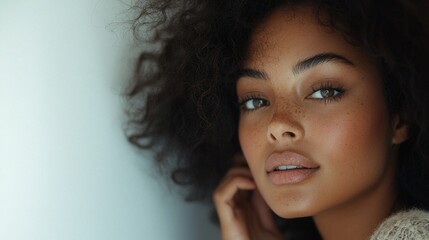 Woman's portrait, beauty, freckles, indoor, closeup, natural light, website banner