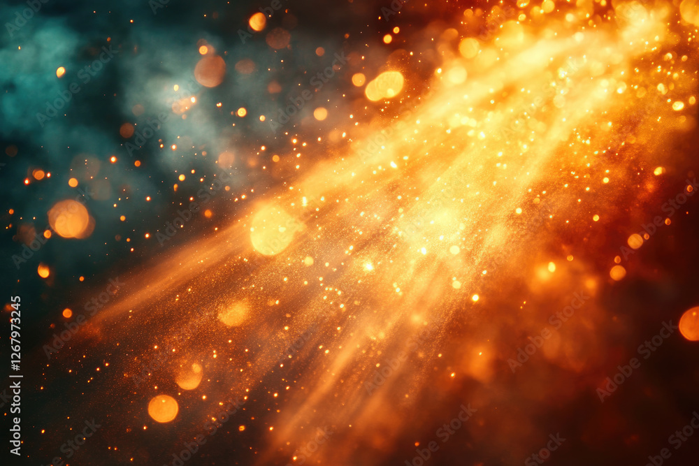 Aufkleber a vibrant, cosmic scene with glowing orange and teal particles, creating a magical, ethereal atmosph
