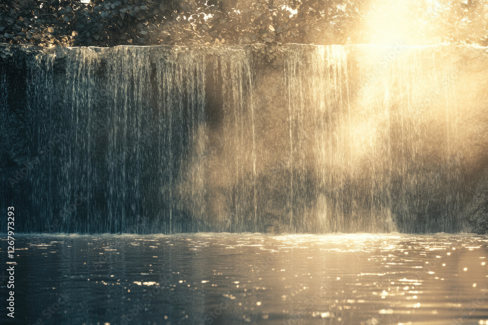 Poster Serene waterfall cascading into a tranquil pool, bathed in the golden sunlight.