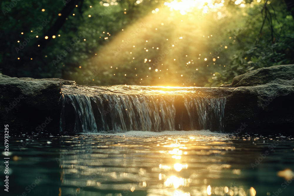 Aufkleber Serene sunset illuminates a tranquil waterfall cascading into a calm pool in a lush forest.