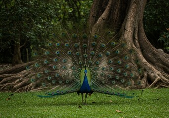 A male peacock in a grassy field, with its tail feathers fully spread out, displaying vibrant blue and green feathers with eyespots.

