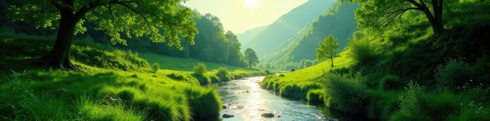 Sunlight filters through lush green foliage above the winding river in a secluded green valley, valley, sunlight, seclusion