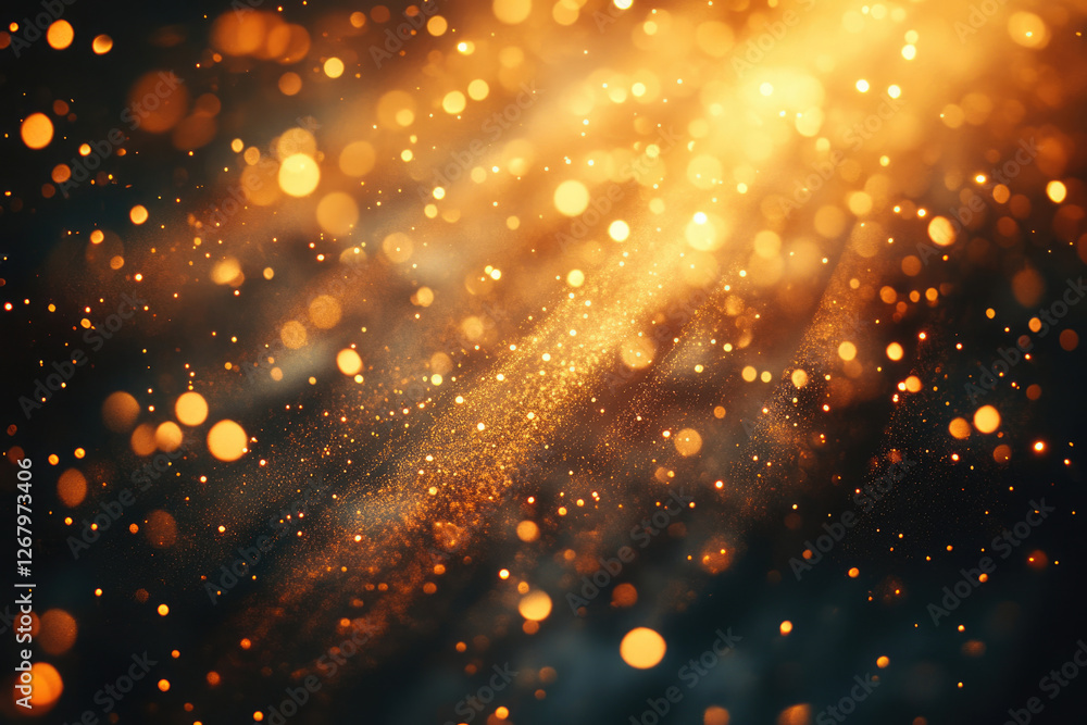 Fototapete A mesmerizing display of golden bokeh lights and glittering particles on a dark background, creating a magical and festive atmosphere.