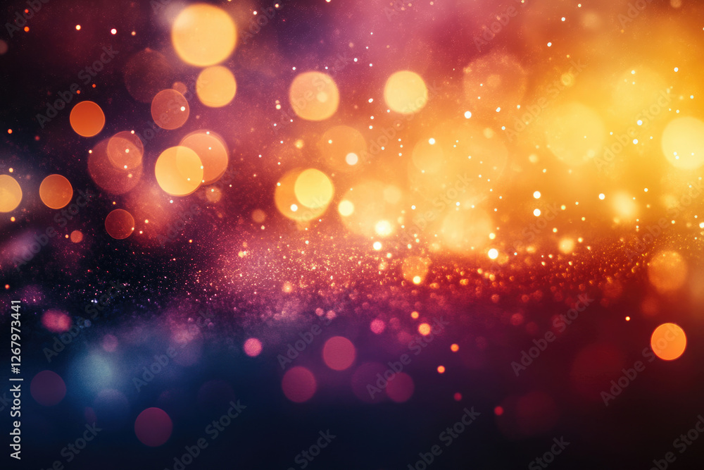 Poster abstract bokeh background with warm and cool colors, glittering lights, and a magical feel.