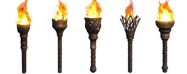 Ornate flaming torches in medieval style detailed and decorative lighting transparent background 
