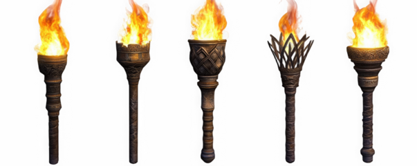Ornate flaming torches in medieval style detailed and decorative lighting transparent background 

