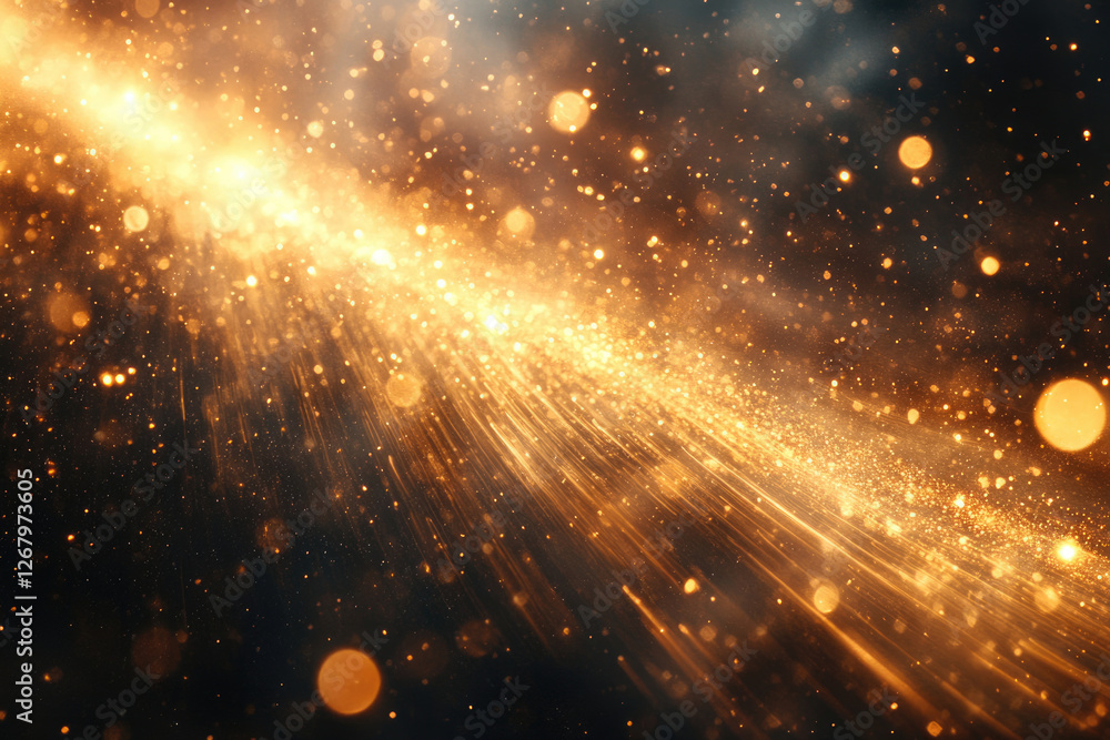 Aufkleber golden light streaks across a dark background, sparkling with glitter and bokeh.