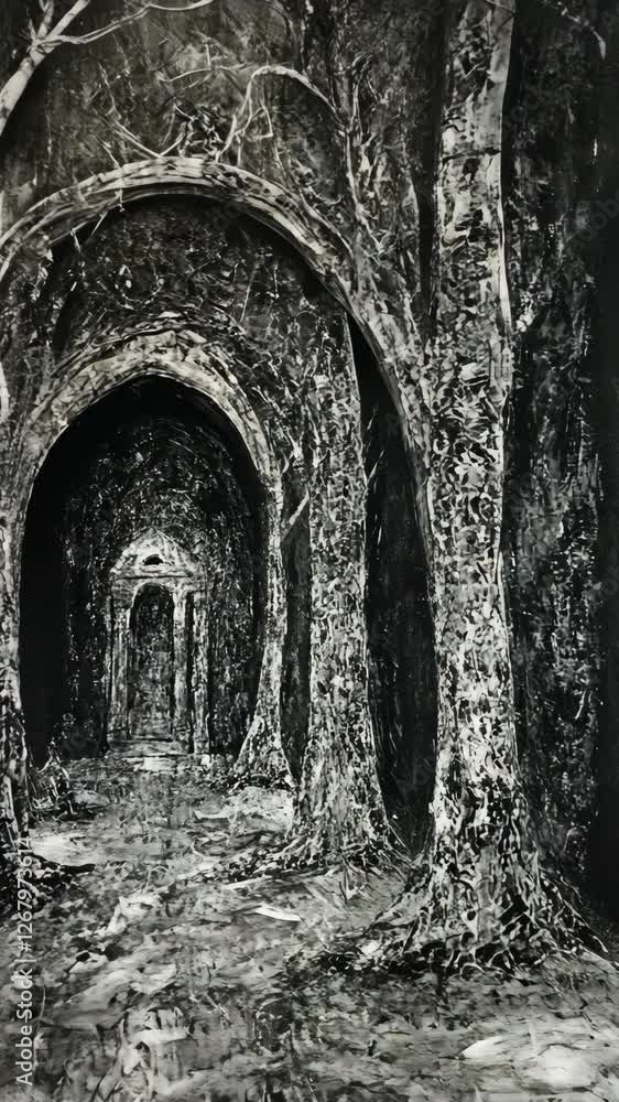 Poster mysterious forest pathway features towering trees and arching branches in an ancient, shadowy atmosp