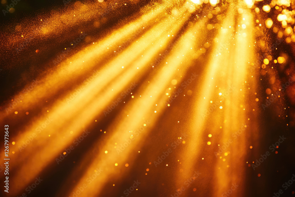 Poster Golden light rays illuminate a dark background, creating a magical, sparkling effect.