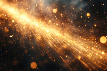 Fototapeta premium Golden light streaks across a dark background, sparkling with glitter and bokeh.