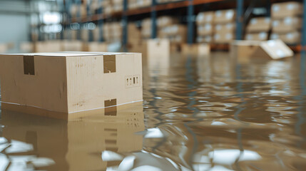 Flooded warehouse with floating cardboard boxes. Damage from water, showing the consequences of a natural disaster or plumbing failure affecting inventory.