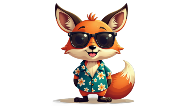 Cute cartoon fox with sunglasses and Hawaiian shirt enjoying summer vibes on white background