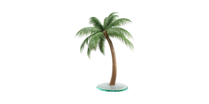 Palm tree model with curved trunk and green fronds isolated on transparent background