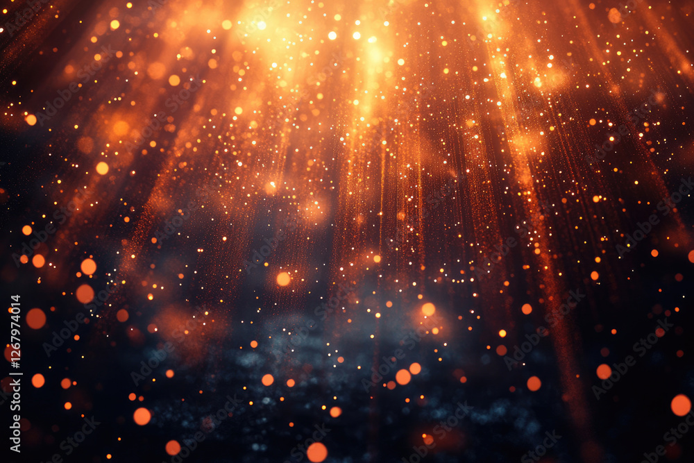 Poster abstract background with golden light rays and sparkling particles, creating a magical and festive a