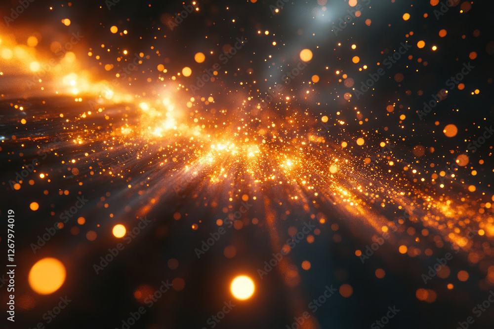 Poster Abstract cosmic background with glowing orange particles and bokeh lights creating a magical, glittering universe.