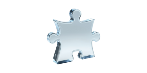 Glass puzzle piece with reflective surface isolated on transparent background