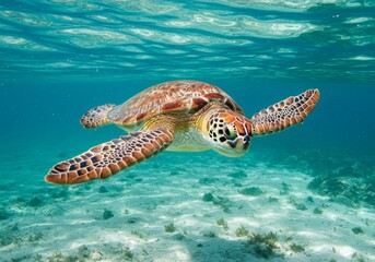 Obraz premium A sea turtle swimming underwater with a clear blue background, its flippers extended and head turned towards the camera.