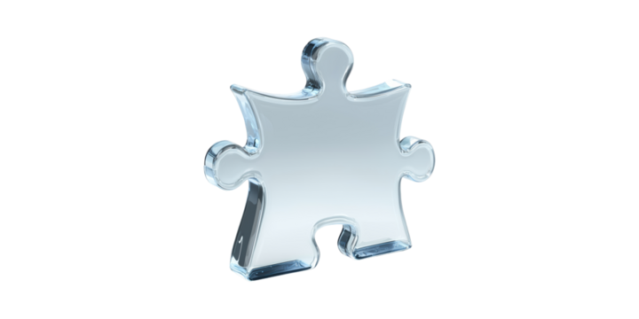 Glass puzzle piece with reflective surface isolated on transparent background