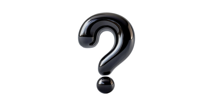 Glossy black question mark symbol reflective surface isolated on transparent background