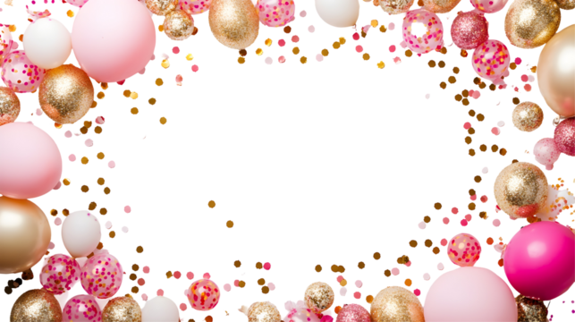 A festive banner frame adorned with golden confetti and sparkling balloons.