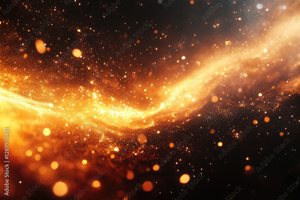Poster a mesmerizing cosmic swirl of golden particles and glittering dust in a dark expanse.