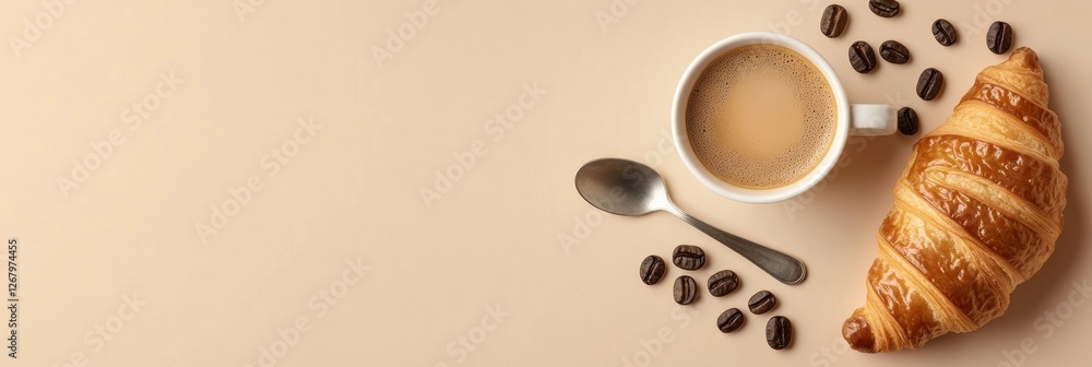 Poster delicious coffee and croissant flat lay with coffee beans on a smooth surface. generative ai