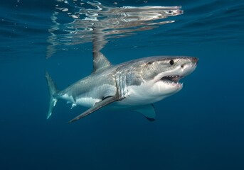 Naklejka premium A large great white shark swimming underwater, its mouth slightly open, with a mix of white and gray body in deep blue water.