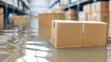 Boxes float in flooded warehouse. Possible damage to inventory from recent water damage. Insurance claim. 
