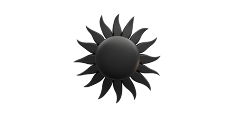 Black sun emblem with radial spikes isolated on transparent background