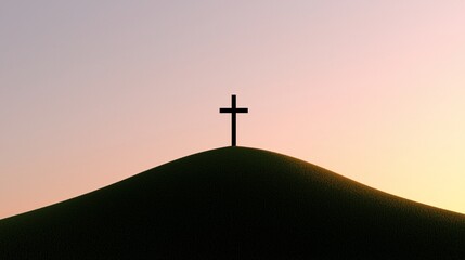 Silhouette of a cross atop a hill at sunset.