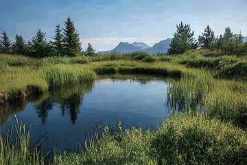 Obraz premium A tranquil landscape featuring a serene pond surrounded by lush greenery and distant mountains under a clear sky.