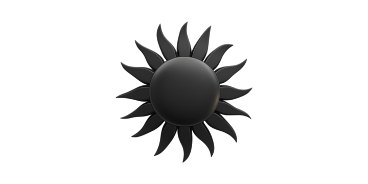 Black sun emblem with radial spikes isolated on transparent background