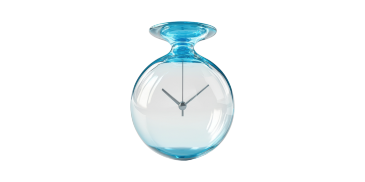 Transparent glass hourglass style wall clock with modern hands isolated on transparent background