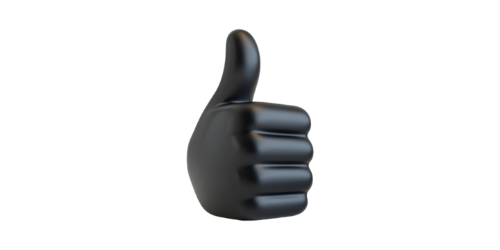 Black thumb up gesture hand sculpture isolated on transparent background