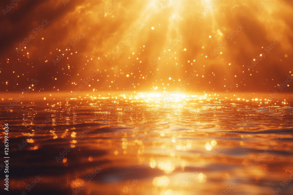 Poster golden sunset reflecting on calm water, creating a magical, ethereal scene with glittering particles