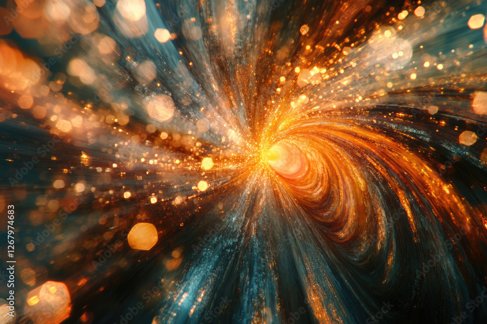 Aufkleber a swirling vortex of golden light and dark teal, creating a mesmerizing cosmic tunnel effect.