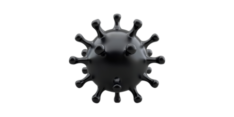 Black 3d virus cell model with spike proteins isolated on transparent background