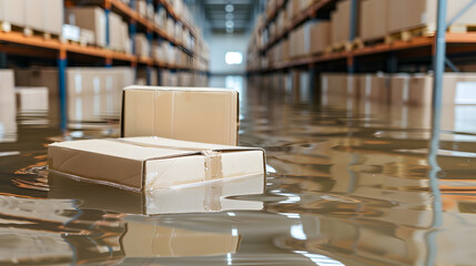 Warehouse flood damage, showing floating cardboard boxes. Illustrates potential inventory loss and disruption from water damage. Disaster recovery.