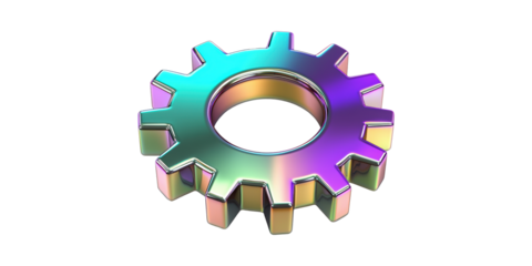 Metallic gear with rainbow colors and glossy finish isolated on transparent background