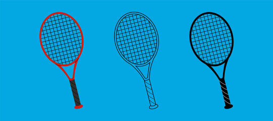 Tennis racquet set icon color, outline, black and white. For sports themes, outdoor games and team activity concepts. Flat vector on coloured background.