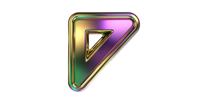 Triangle-shaped metallic icon with holographic finish isolated on transparent background - Powered by Adobe
