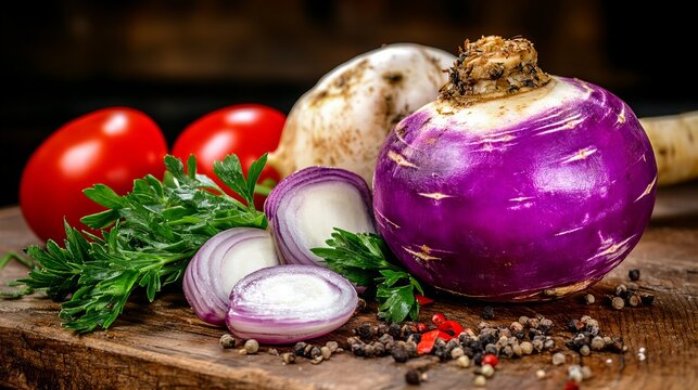 Vibrant purple kohlrabi, red onions, and tomatoes on a rustic wooden surface. A dash of pepper adds spice! - Powered by Adobe