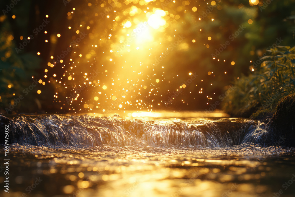 Poster golden sunlight illuminates a cascading stream, creating a magical, peaceful scene.